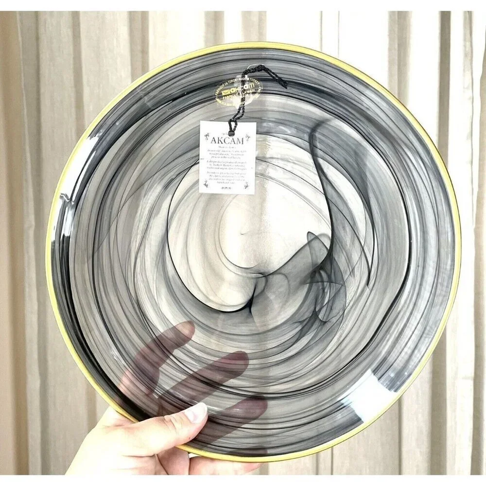 Akcam Turkish Glass 4 Plates Set Entrée Dinner Black Swirl Gold Rim 11